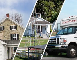 A collage of the Amish house, the Amish school, and the Amish Village tour bus