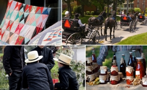 Collage of amish people making quilts, riding their buggies, socially interacting, and canning