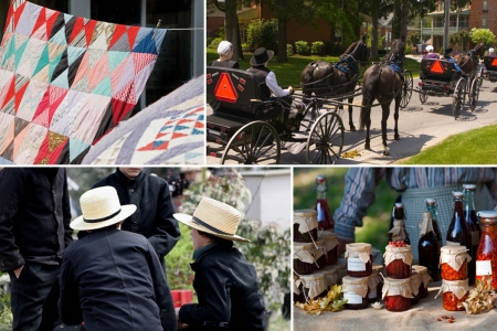 Collage of amish people making quilts, riding their buggies, socially interacting, and canning