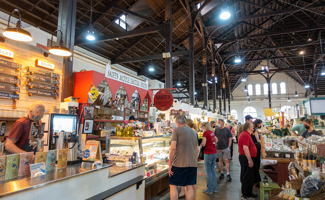 Lancaster, USA - May 15, 2021. People shopping at Central Market in downtown Lancaster city, Pennsylvania, USA