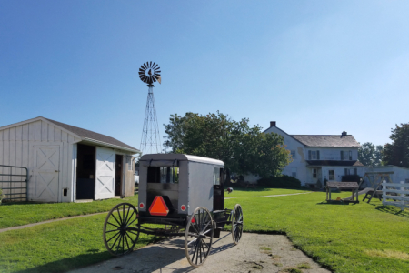 Lancaster Amish Buggy parked on property of Amish Village in front of a house