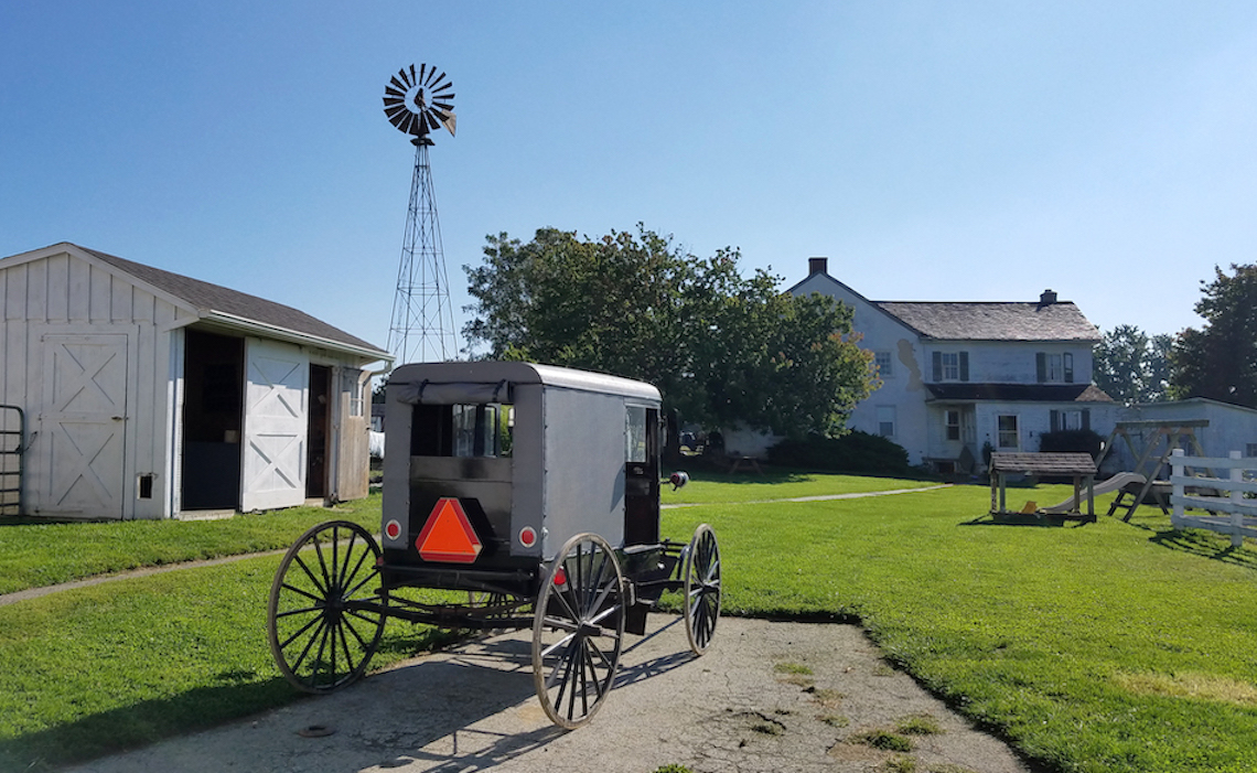 Lancaster Amish Buggy parked on property of Amish Village in front of a house
