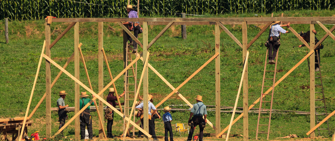 New Providence, PA, USA - July 30, 2013: Amish farmers at a “barn raising” in rural Lancaster County.
